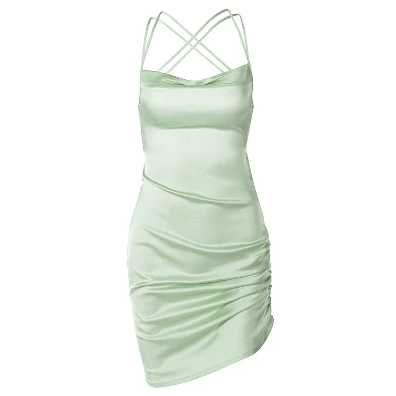 BerryBetty - Satin cowl neck solid lace up backless ruched mini dress Comfortable Boho Mini Dress