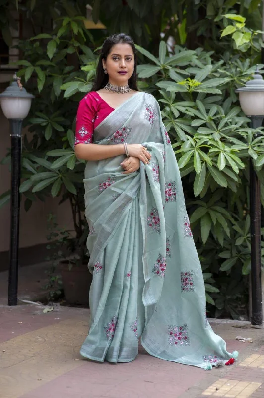 Pine Pure Linen Ethnic Motifs Saree with Unstitched Blouse - A2M Semi-Sheer Blouse