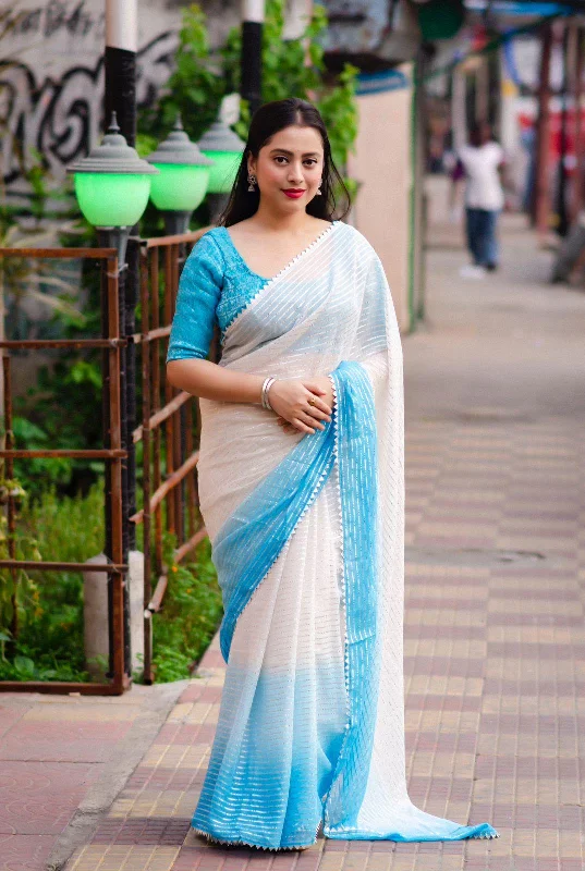 Blue Poly Chiffon Striped Saree with Unstitched Blouse - A2M Embellished Collar Blouse Blue Poly Chiffon Striped Saree with Unstitched Blouse - A2M Embellished Collar Blouse