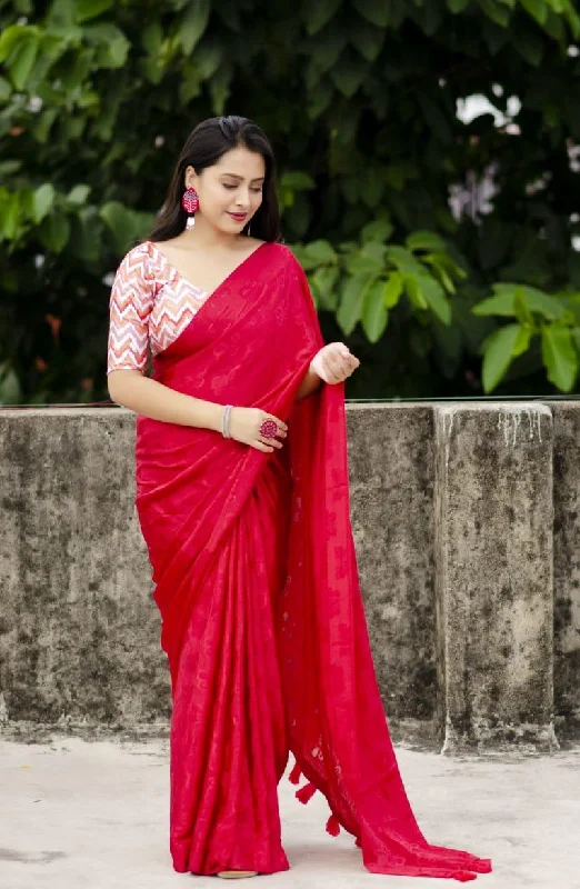 Red Silk Blend Ethnic Motifs Saree with Unstitched Blouse - A2M Smart Casual Blouse