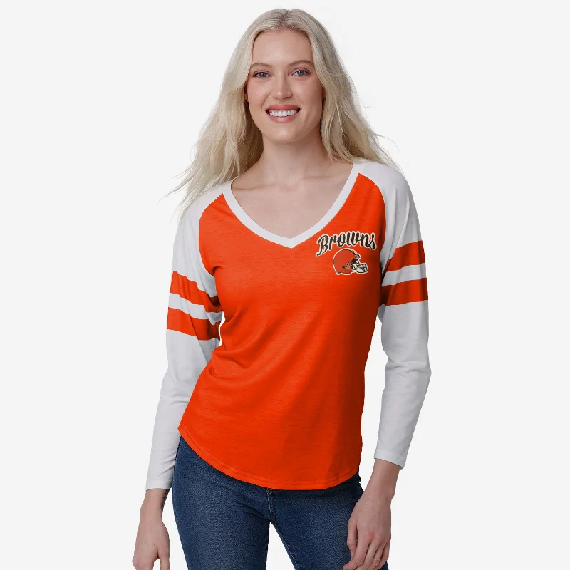 Cleveland Browns Womens Script Wordmark Striped Sleeve Raglan T-Shirt-- Embroidered Appliqued Beaded Cleveland Browns Womens Script Wordmark Striped Sleeve Raglan T-Shirt-- Embroidered Appliqued Beaded