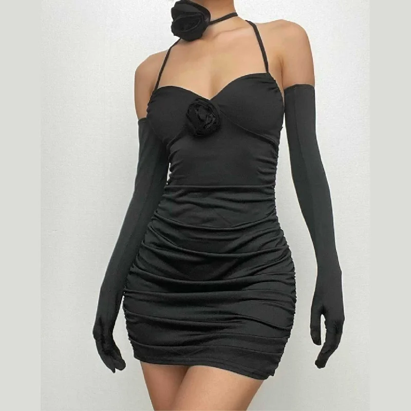 BerryBetty - Gloves v neck halter backless flower applique mini dress Elegant Satin Lace Mini Dress BerryBetty - Gloves v neck halter backless flower applique mini dress Elegant Satin Lace Mini Dress