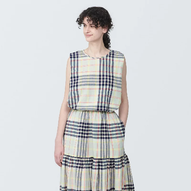 Madras Check Crewneck Sleeveless Blouse Floral Chiffon Blouse