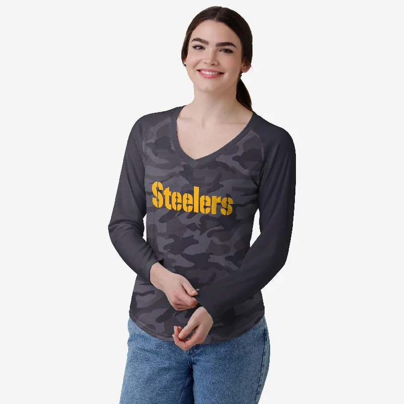 Pittsburgh Steelers Womens Wordmark Tonal Camo Raglan T-Shirt-- Machine Wash Dry Clean Hand Wash Pittsburgh Steelers Womens Wordmark Tonal Camo Raglan T-Shirt-- Machine Wash Dry Clean Hand Wash