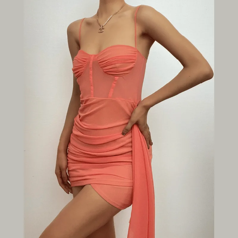 BerryBetty - Sheer mesh ruched solid corset irregular mini dress Comfortable Shift Mini Dress BerryBetty - Sheer mesh ruched solid corset irregular mini dress Comfortable Shift Mini Dress