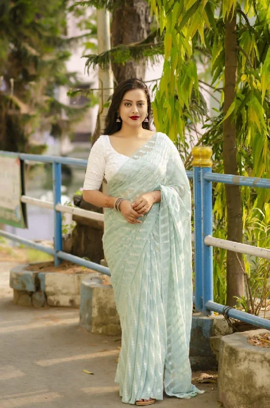 Blue Poly Chiffon Ethnic Motifs Saree with Unstitched Blouse - A2M Embellished Collar Blouse Blue Poly Chiffon Ethnic Motifs Saree with Unstitched Blouse - A2M Embellished Collar Blouse