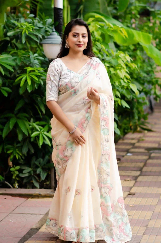 Offwhite Pure Linen Ethnic Motifs Saree with Unstitched Blouse - A2M Elegant Embroidery Blouse