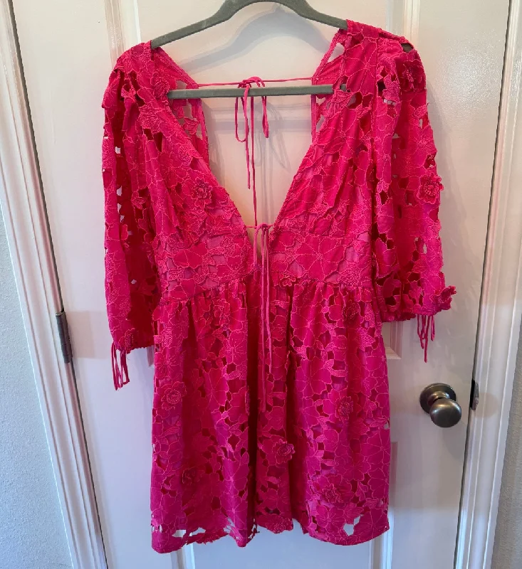 Storia Crochet Floral Lace Mini Dress w Puff Sleeves Open Back Women’s Size Large Pink Chic Puff Sleeve Mini Dress Storia Crochet Floral Lace Mini Dress w Puff Sleeves Open Back Women’s Size Large Pink Chic Puff Sleeve Mini Dress