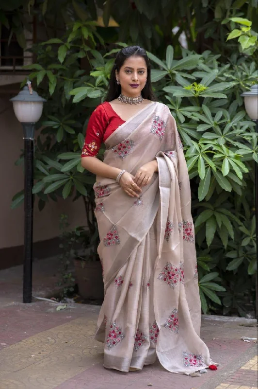 Fossil Pure Linen Ethnic Motifs Saree with Unstitched Blouse - A2M Satin Drape Blouse Fossil Pure Linen Ethnic Motifs Saree with Unstitched Blouse - A2M Satin Drape Blouse