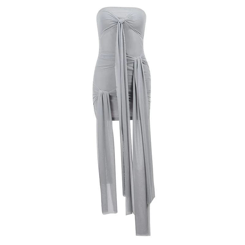BerryBetty - Solid mesh ruched self tie backless tube mini dress Cozy Sweater Mini Dress BerryBetty - Solid mesh ruched self tie backless tube mini dress Cozy Sweater Mini Dress