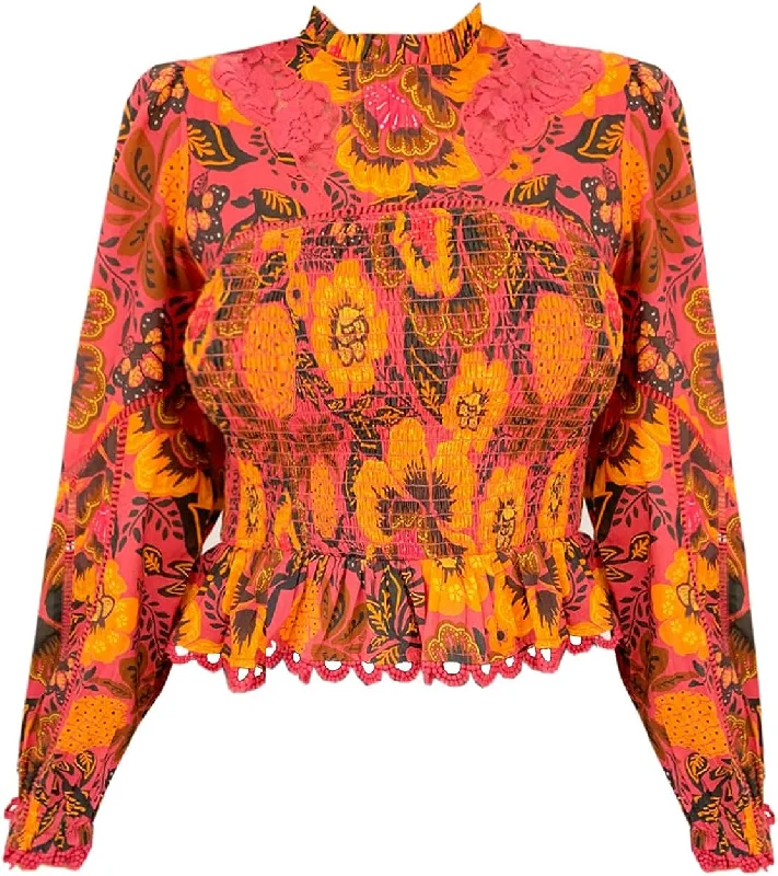 Farm Rio Women's Garden Blossom Blush Smocked Long Sleeve Blouse Everyday Stylish Blouse