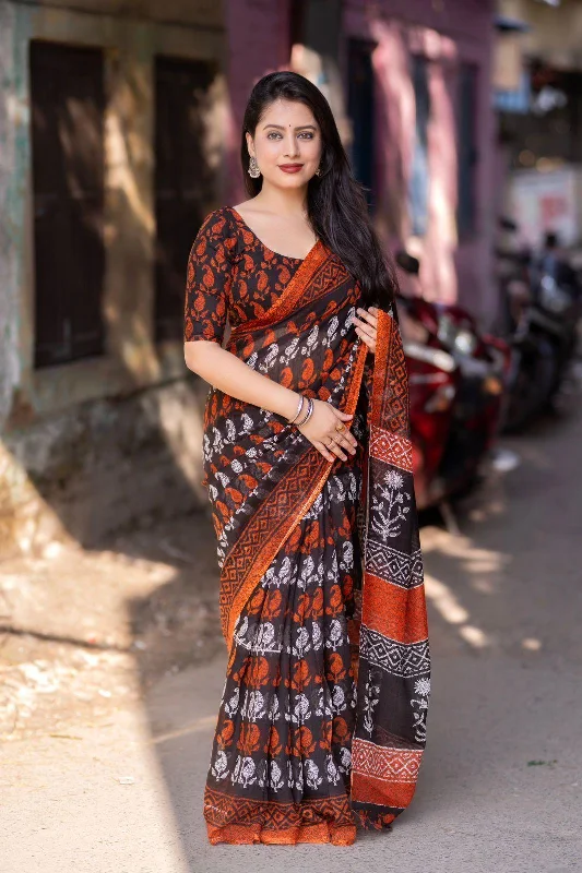 Orange Linen Blend Ethnic Motifs Saree with Unstitched Blouse - A2M Relaxed Fit Blouse Orange Linen Blend Ethnic Motifs Saree with Unstitched Blouse - A2M Relaxed Fit Blouse