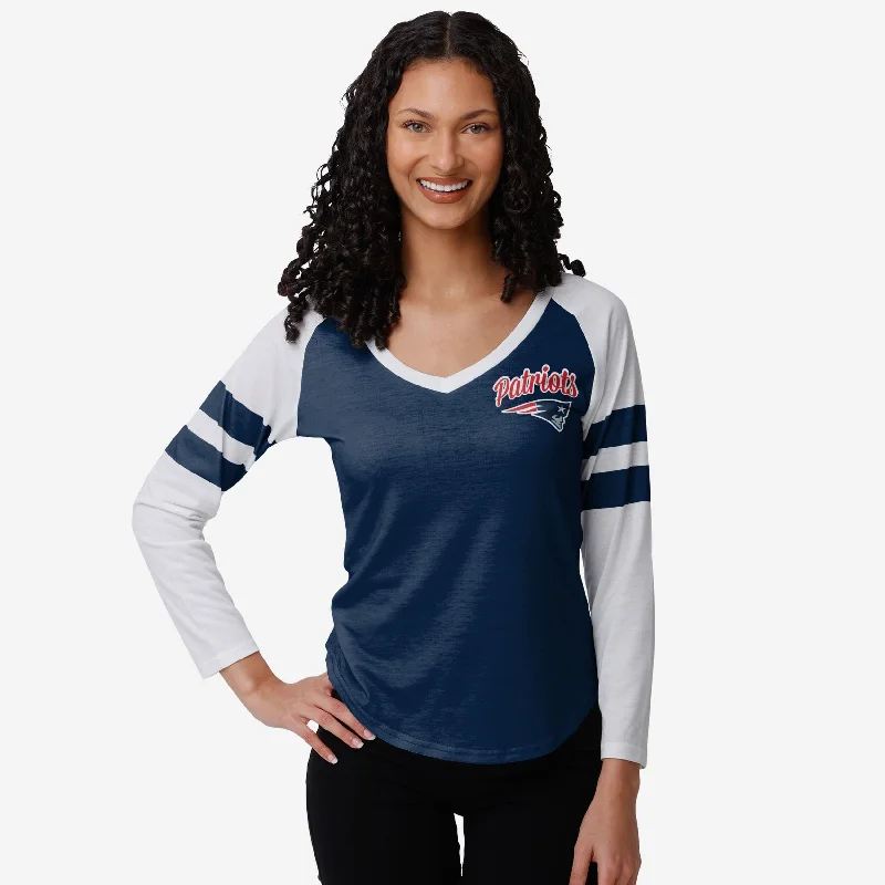 New England Patriots Womens Script Wordmark Striped Sleeve Raglan T-Shirt-- Chenille Blend Fleece Blend Nylon Blend New England Patriots Womens Script Wordmark Striped Sleeve Raglan T-Shirt-- Chenille Blend Fleece Blend Nylon Blend