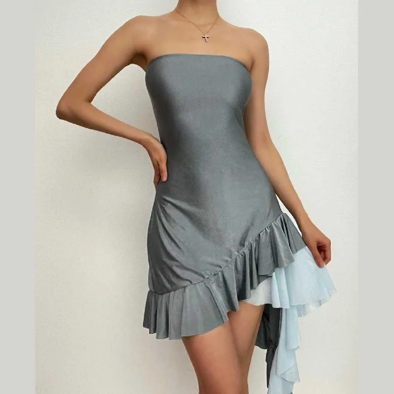 BerryBetty - Contrast irregular patchwork ruffle backless tube mini dress Stylish Short Sleeve Mini Dress BerryBetty - Contrast irregular patchwork ruffle backless tube mini dress Stylish Short Sleeve Mini Dress