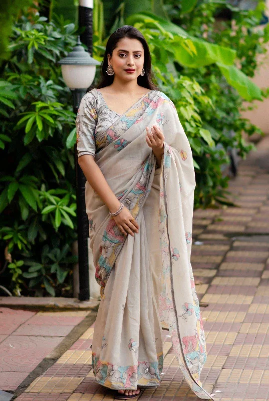 Grey Pure Linen Ethnic Motifs Saree with Unstitched Blouse - A2M Lightweight Tunic Blouse Grey Pure Linen Ethnic Motifs Saree with Unstitched Blouse - A2M Lightweight Tunic Blouse