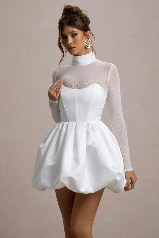 Tinkerbell | White Satin Long-Sleeve Puffball Mini Dress Comfortable Wrap Mini Dress