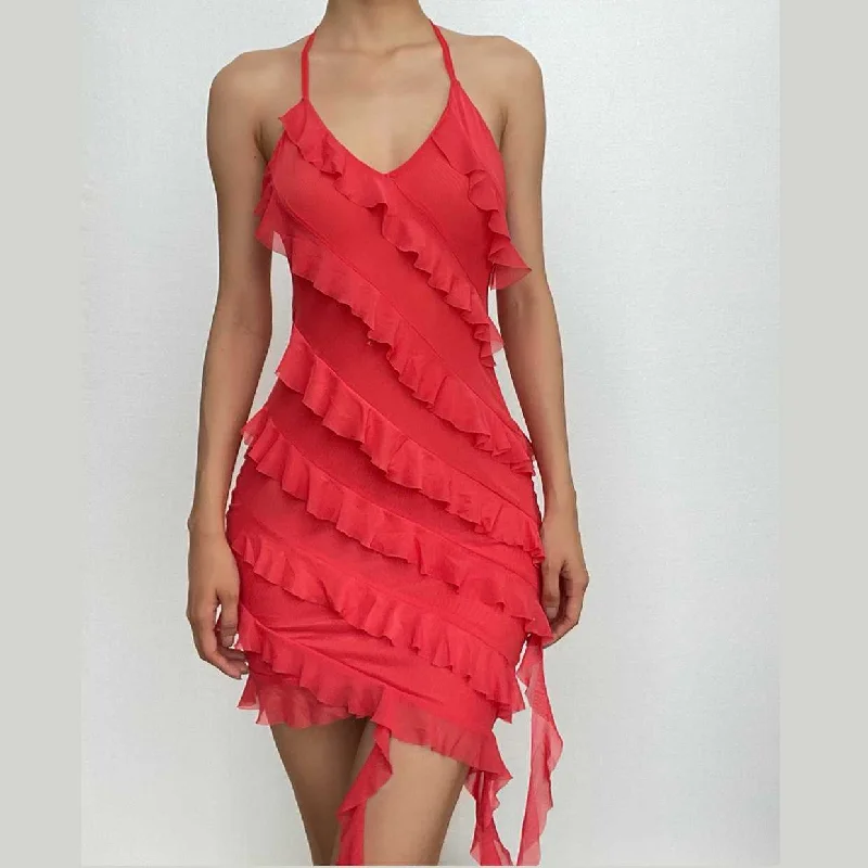 BerryBetty - Ruffle irregular halter ribbon backless mini dress Fashionable Button-Front Mini Dress BerryBetty - Ruffle irregular halter ribbon backless mini dress Fashionable Button-Front Mini Dress