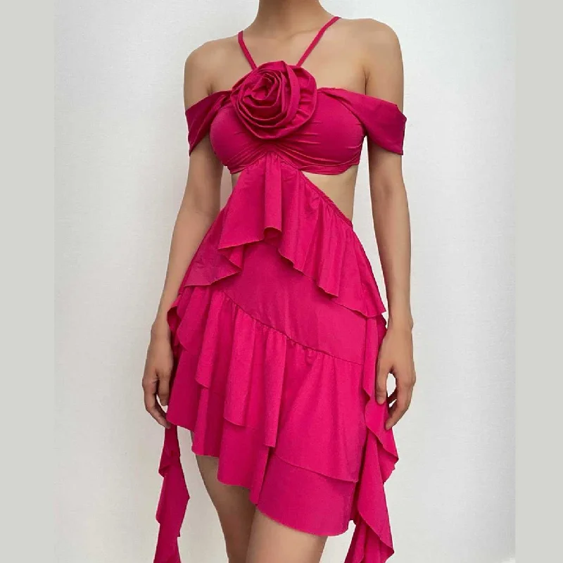 BerryBetty - Ruffle solid hollow out flower applique sleeveless irregular mini dress Elegant Mini Dress with Ruffles BerryBetty - Ruffle solid hollow out flower applique sleeveless irregular mini dress Elegant Mini Dress with Ruffles