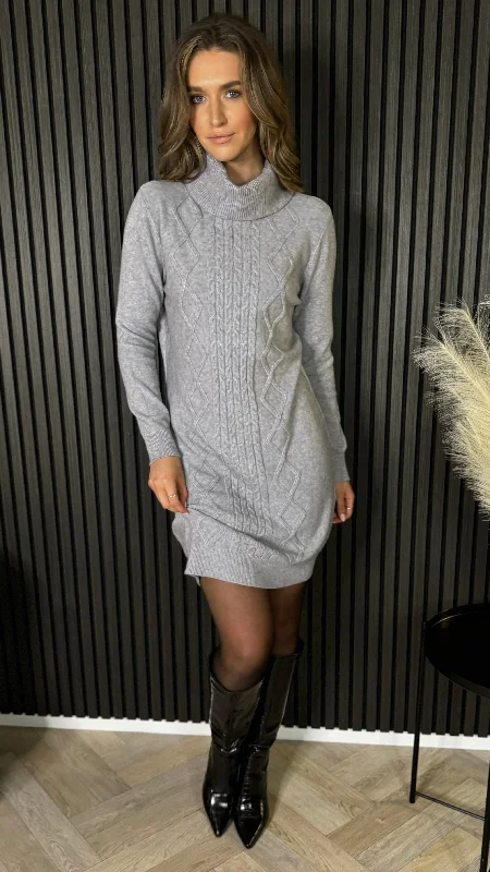 Croia Grey Cable Knit Polo Neck Jumper Mini Dress Elegant Lace-Up Mini Dress
