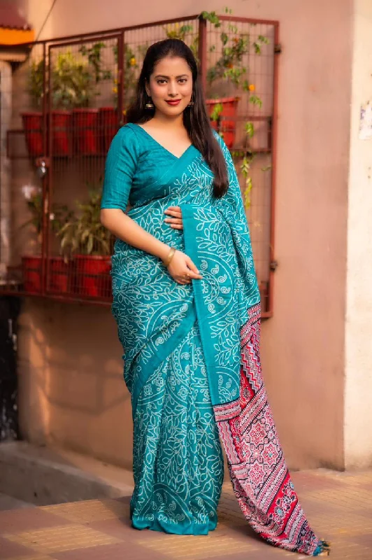 Rama Silk Blend Ajrak Saree with Unstitched Blouse - A2M Elegant Office Blouse