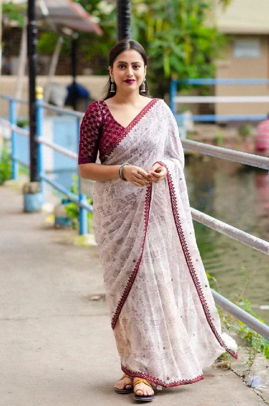 Maroon Pure Georgette Warli Saree with Unstitched Blouse - A2M Chic Ruffle Blouse