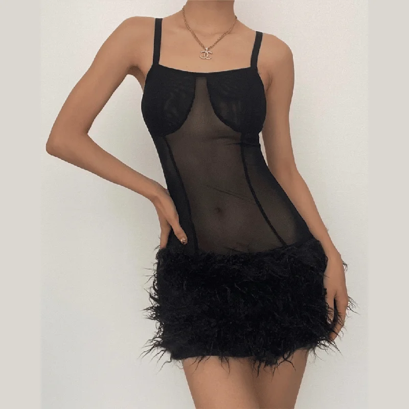 BerryBetty - Mesh see through feather sleeveless backless mini dress Stylish Button-Down Mini Dress BerryBetty - Mesh see through feather sleeveless backless mini dress Stylish Button-Down Mini Dress