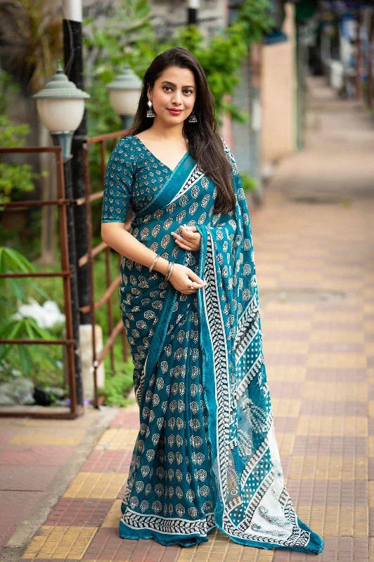 Rama Poly Georgette Ajrak Saree with Unstitched Blouse - A2M Pastel Color Blouse