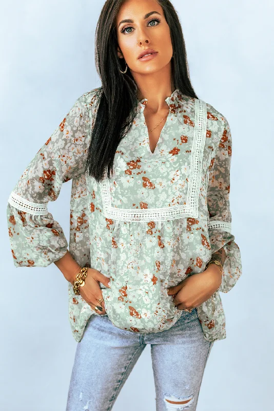 Floral Lace Trim Blouse Casual Button Blouse