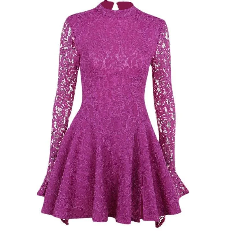 BerryBetty - Lace hem long sleeve zip-up lace up backless solid ruffle mini dress Chic Halter Mini Dress
