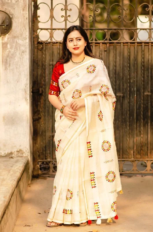 Cream Cotton Blend Warli Saree with Unstitched Blouse - A2M Office-Ready Blouse