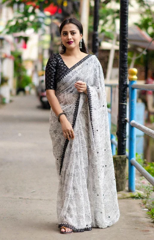 Black Pure Georgette Warli Saree with Unstitched Blouse - A2M Airy Cotton Blouse