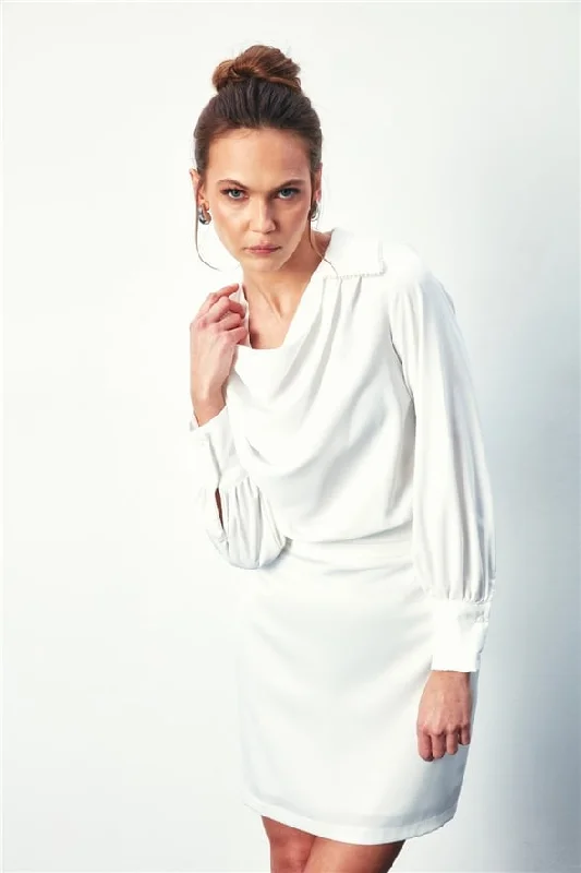 Plunge Neck LongSleeve Blouse with Pearl Collar - White Feminine Pastel Blouse