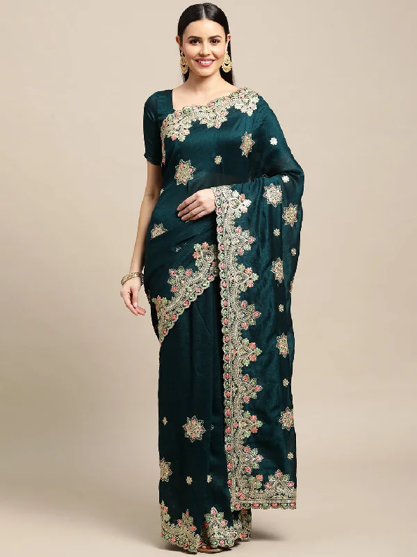 Jyoti Fashion Women's Green Silk Blend Embroidered Designer Saree with Blouse Puff Sleeve Blouse Jyoti Fashion Women's Green Silk Blend Embroidered Designer Saree with Blouse Puff Sleeve Blouse