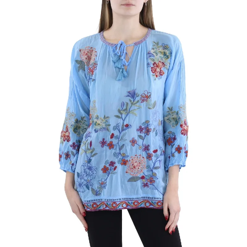 Zadonia Melisa Womens Embroidered Floral Blouse Sweetheart Neck Blouse