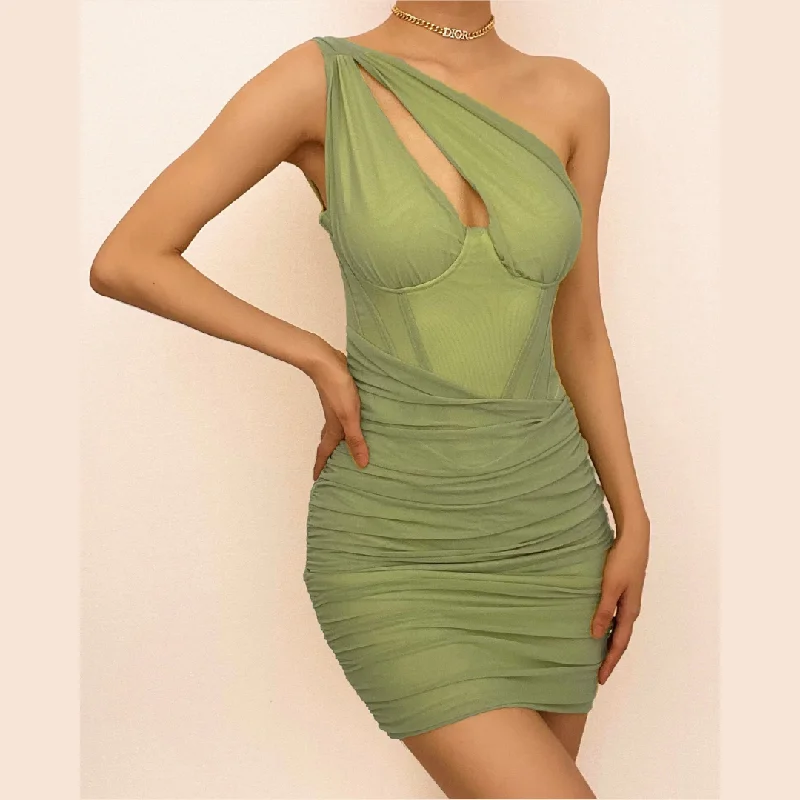 BerryBetty - Ruched hollow out sheer mesh solid one shoulder corset zip-up mini dress Elegant Sequin Mini Dress BerryBetty - Ruched hollow out sheer mesh solid one shoulder corset zip-up mini dress Elegant Sequin Mini Dress
