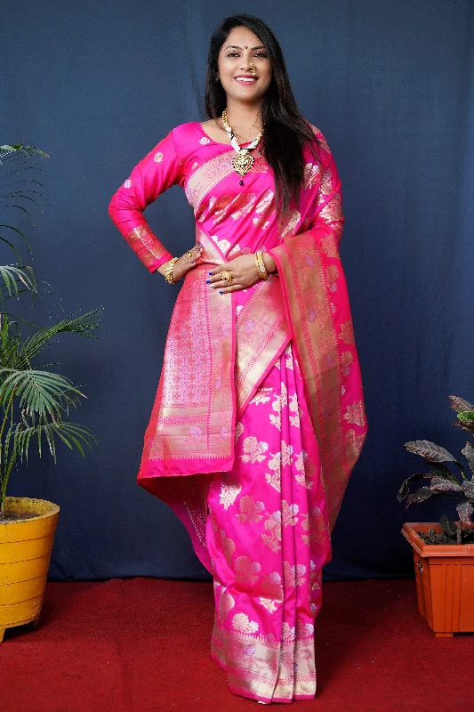 Jyoti Fashion Women's Pink Handloom Banarasi Silk Zari Woven Saree with Blouse Sleeveless Chiffon Blouse Jyoti Fashion Women's Pink Handloom Banarasi Silk Zari Woven Saree with Blouse Sleeveless Chiffon Blouse