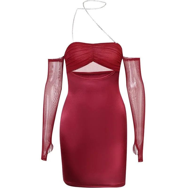 BerryBetty - Mesh gloves solid halter ruched hollow out off shoulder mini dress Cozy T-Shirt Mini Dress BerryBetty - Mesh gloves solid halter ruched hollow out off shoulder mini dress Cozy T-Shirt Mini Dress