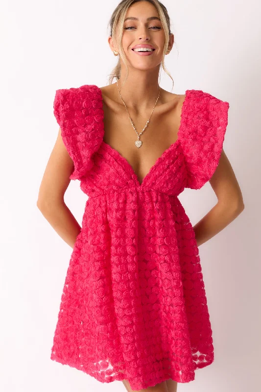 Blooming Love Hot Pink Flutter Sleeve Mini Dress Cozy Cowl Neck Mini Dress
