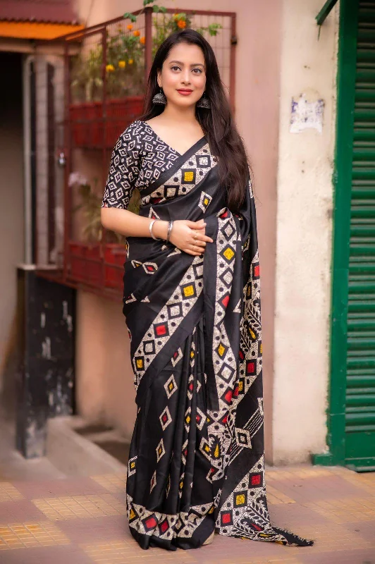 Black Silk Blend Ethnic Motifs Saree with Unstitched Blouse - A2M Romantic Lace Blouse