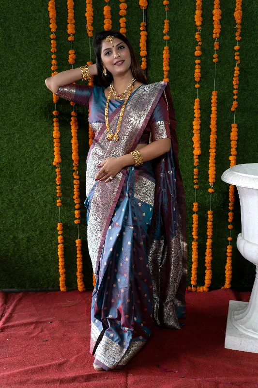 Jyoti Fashion Women's Grey Handloom Banarasi Silk Zari Woven Saree with Blouse Ruched Sleeve Blouse Jyoti Fashion Women's Grey Handloom Banarasi Silk Zari Woven Saree with Blouse Ruched Sleeve Blouse