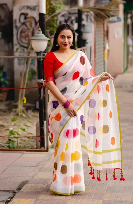 White Pure Linen Ethnic Motifs Saree with Unstitched Blouse - A2M Feminine Ruffle Blouse White Pure Linen Ethnic Motifs Saree with Unstitched Blouse - A2M Feminine Ruffle Blouse