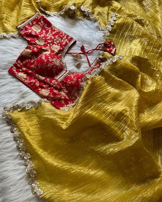 Lorenvalley Fashion Premium Yellow Tissue Crush Saree with Jacquard Weaving Stitched Blouse Soft Satin Blouse Lorenvalley Fashion Premium Yellow Tissue Crush Saree with Jacquard Weaving Stitched Blouse Soft Satin Blouse