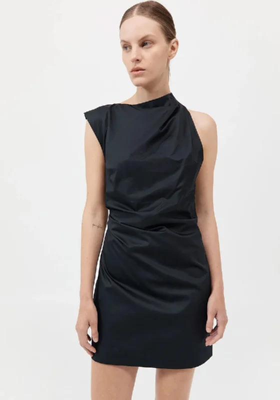 Asymmetric Tuck Mini Dress - Black Fashionable Pleated Mini Dress