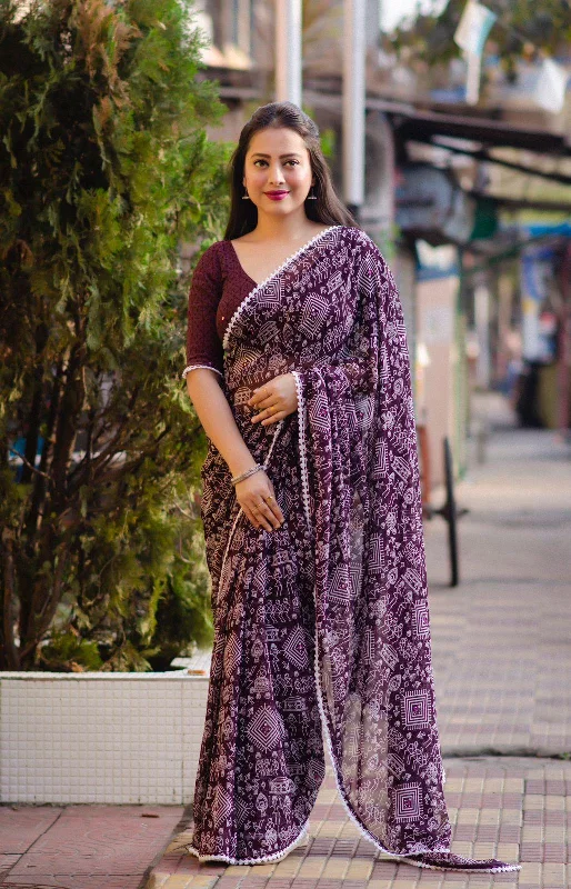 Jambali Poly Georgette Ethnic Motifs Saree with Unstitched Blouse - A2M Drape Neck Blouse