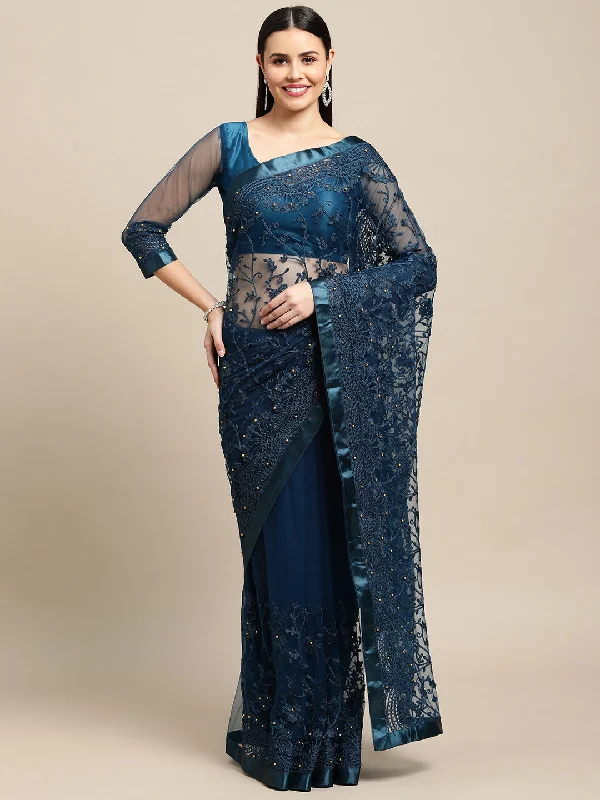 Jyoti Fashion Women's Blue Net Embroidered Designer Saree with Blouse Satin Long Blouse Jyoti Fashion Women's Blue Net Embroidered Designer Saree with Blouse Satin Long Blouse