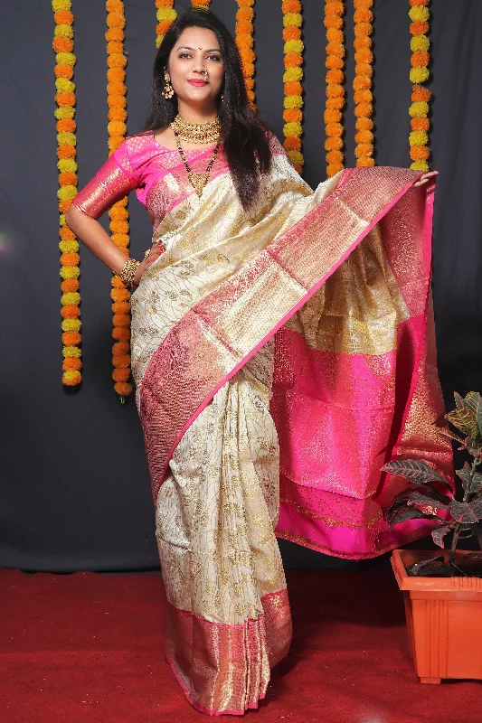 Jyoti Fashion Women's Off White Kanchipuram Silk Zari Woven Saree with Blouse Off-Shoulder Wrap Blouse Jyoti Fashion Women's Off White Kanchipuram Silk Zari Woven Saree with Blouse Off-Shoulder Wrap Blouse