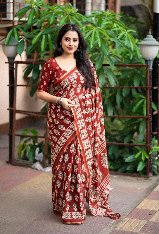 Red Cotton Blend Ajrak Saree with Unstitched Blouse - A2M Puff Sleeve Blouse