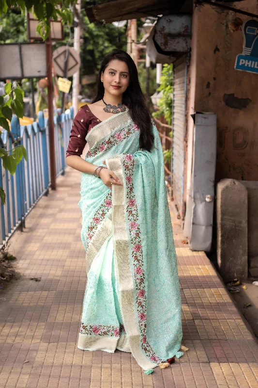 Blue Pure Linen Woven Design Saree with Unstitched Blouse - A2M Oversized Silk Blouse Blue Pure Linen Woven Design Saree with Unstitched Blouse - A2M Oversized Silk Blouse