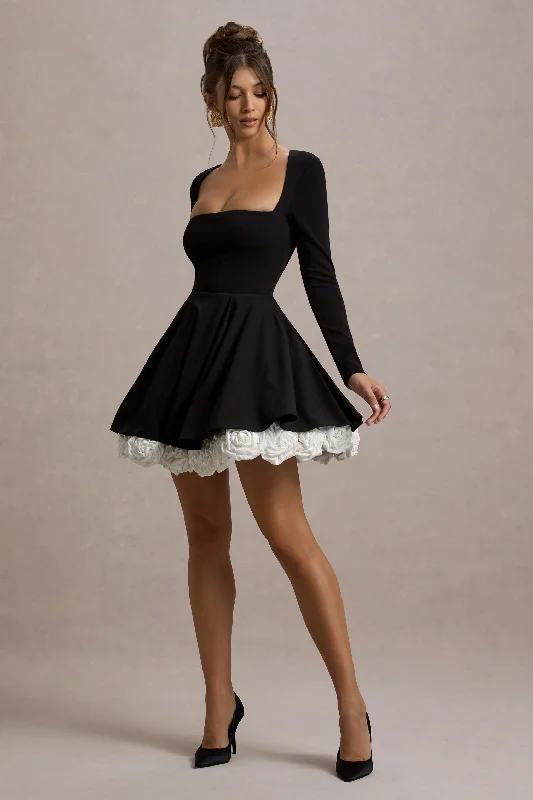 Azelie | Black & White Square-Neck Floral-Trim Mini Dress Fashionable Polka Dot Mini Dress