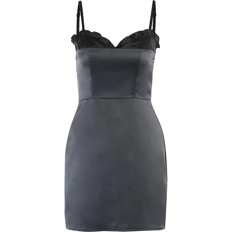 BerryBetty - Patchwork satin ruffle contrast zip-up backless cami mini dress - Final Sale Trendy Denim Mini Dress BerryBetty - Patchwork satin ruffle contrast zip-up backless cami mini dress - Final Sale Trendy Denim Mini Dress